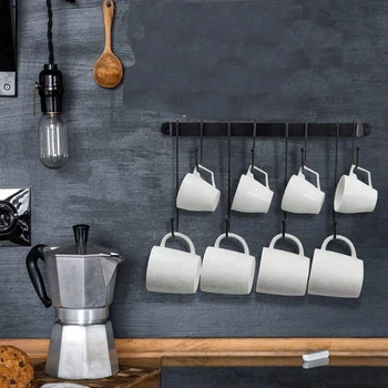 Поставка за кафе чаши, Стенен държач за чаши кафе на с гъвкави куки, за чаши, чаени чаши, кухненски аксесоари (16 инча/черен)