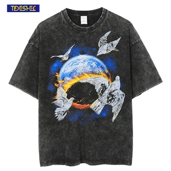 Мъжки t-shirt TIDESHEC, тениска с графичен принтом Planet Pigeon, Выстиранная Ежедневни тениски с дупки Оверсайз, Мъжки Женска Риза в стил Харадзюку