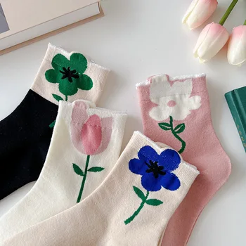 3D Цвете Лале Модел Пролет Лято Забавни Творчески Кавайные Памучни Чорапи Дамски Чорапи Щастливи Сладки Чорапи Ежедневни Дамски