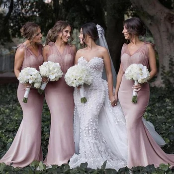работа-розови рокли на шаферките от тюл, сатен, секси елегантна рокля на русалка с v-образно деколте, женствена рокля за сватбени партита, vestidos de gala chic