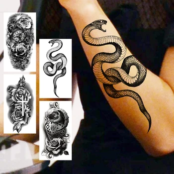 Черна Змия Временни Татуировки За Жени На Възрастни Реалистичен Кръст Цвете Ангел Фалшива Татуировка Стикер Предмишницата Тяло На Змия Татуировки