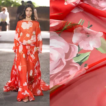 2021 пролетта и лятото на нов продукт плат Европейския марка шифоновая плат с червен голям цвете дигитален печат на плат фабрика магазин
