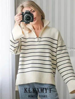 KLKXMYT Трафика на Дамски Пуловери 2023 Модни Шарени Свободни Възли Пуловери с Цип Ретро Жилетка С Дълъг Ръкав Женски Пуловер Върховете