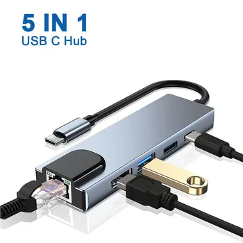 5 В 1 C USB Хъб За Ethernet Rj-45 Lan Type C Хъб USB Адаптер 3 с 4K, HDMI, Thunderbolt 3 USB-C Зарядно Устройство PD за Mac Book Pro/Air