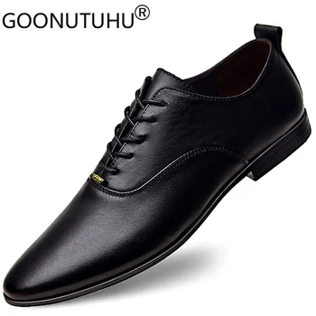 Модерен Мъжки Модельная Обувки От Естествена Кожа, Мъжки Класически Черен Удобни Обувки Дантела, Вечерни Елегантни Офис официални Обувки За Мъже