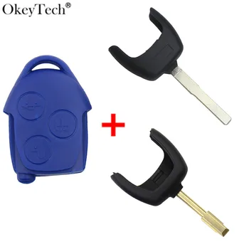 Okeytech 3 Бутони за Дистанционно Управление на Автомобилен Ключ във Формата На Миди за Носене на Ключодържател За Ford Transit Син Стил на Ключ Смяна на Неизрязаните FO21/HU101 Нож