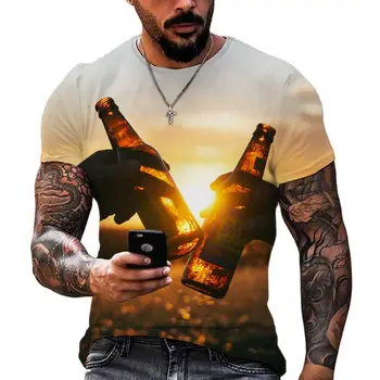 Модерна лятна мъжка тениска с Творчески Бирена Графичен 3D принтом, Бар, хип-хоп, Индивидуалност, Уличен О-образна яка с Къс ръкав, Отгоре Размер Плюс
