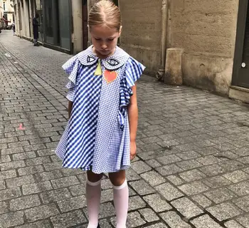 Търговците на дребно 2022 Лятна Рокля с пледами в синята лента за най-малките момичета, Модни Детски Дрехи принцеса от 3 до 7 години