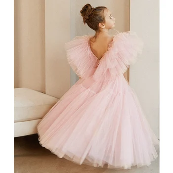 Pink A Line Flower Girl Dresses Tiered 2023 New Spring Fluffy Tulle Child Wedding Dress Zipper Back Рокли за момичета-цветочниц