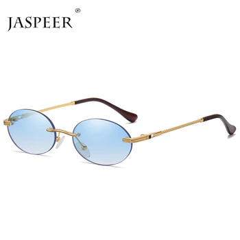 JASPEER Ретро Овални Слънчеви Очила Мъжки Vintage Слънчеви Очила Без Рамки Женски UV400 Пънк Очила Нюанси Класически Очила с Прозрачни Лещи