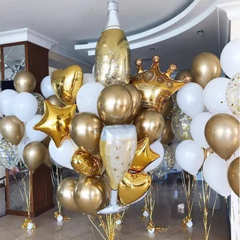 Голяма Бутилка Шампанско Чаша Короната Фолио Балон Матиран Бял Хром Златни Латексови Балони, Рожден Ден, Сватбени Аксесоари Вечерни Украса