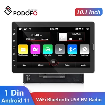 Podofo 1 Din Мултимедиен Плейър От 10.1 'Сензорен Екран на Android Авто Радио Стерео Универсален GPS, Bluetooth, USB FM Видео плейър