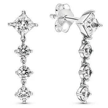Автентични Блестящи Кръгли и Квадратни Обеци От Сребро Проба 925 С Кристали За Жени, Сватбен Подарък, Модни Бижута